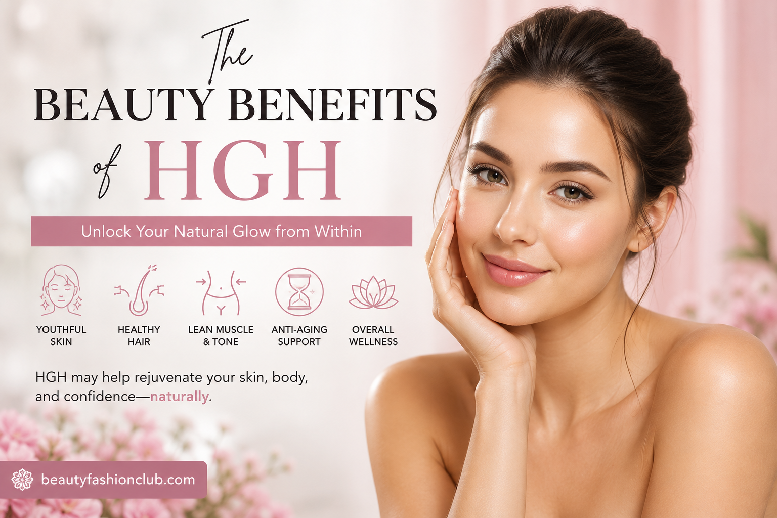 Beauty Benefits of HGH featured image showing a glowing young woman with skincare, anti-aging, healthy hair, and wellness icons on a soft pink background.