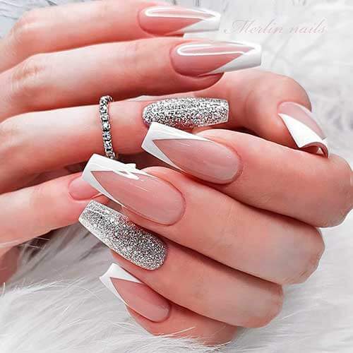Modern V French Tip Nails Coffin Shaped