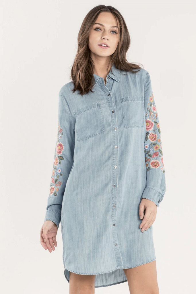 A floral denim dress, perfect for the spring