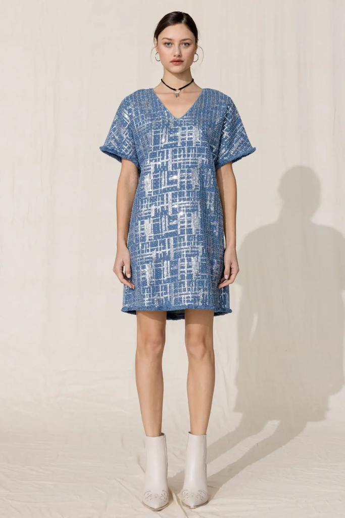 A sequin denim dress is perfect for evening events